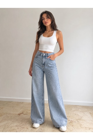St.poll Christian 90's Açık Mavi Palazzo Salaş Paça Süper Yüksek Bel Jean Pantolon