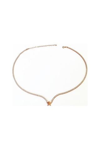 Beyaz Zirkon Taşlı Gümüş Suyolu Zincirli Yıldız Kolye Rose Gold