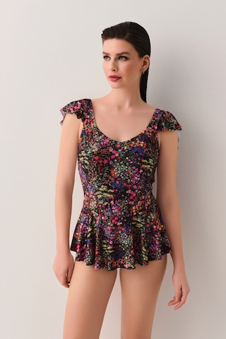 Suwen Garden Etekli Mayo Sb2519511061106 Siyah Çiçek Desenli