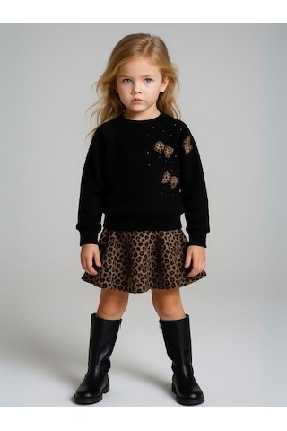 Kız Çocuk Leopar Fiyonk Detaylı Sweatshirt-16132 Siyah