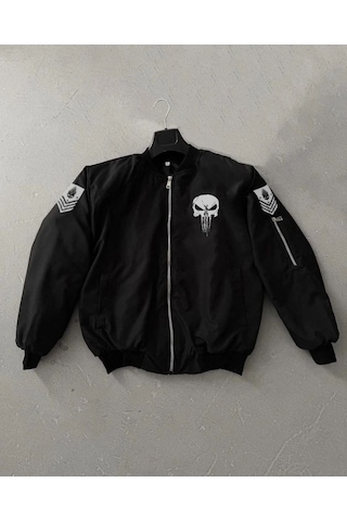 Mbb E-ticaret Erkek Siyah Askeri Tarz Bomber Mont Punisher Skull Detaylı Fermuarlı Cepli - Siyah