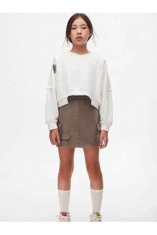 Kız Çocuk Pamuklu Bel Lastikli Kargo Cepli Antik Etek-14744 Haki