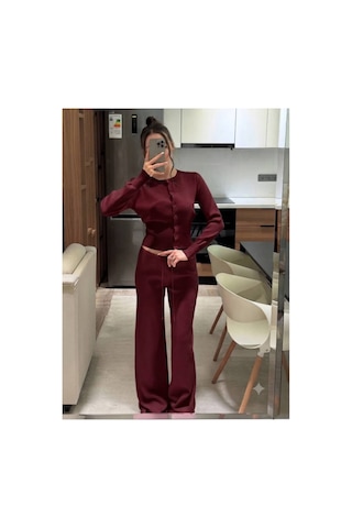 De Pose Düğme Detaylı Pijamalı Hırka Triko Takım Bordo