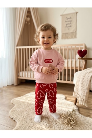 Bambık Pamuklu Kalp Desenli Kız Bebek Sweatshirt Pantolon Takımı Pembe