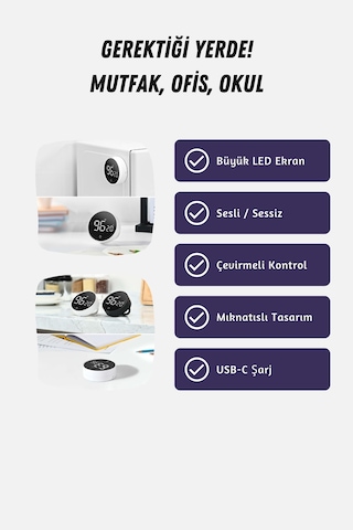 GWORKE Rt-1 Mıknatıslı Zamanlayıcı, Mutfak Kronometresi, Pomodoro, Öğrenci Ders Çalışma Saati - Siyah