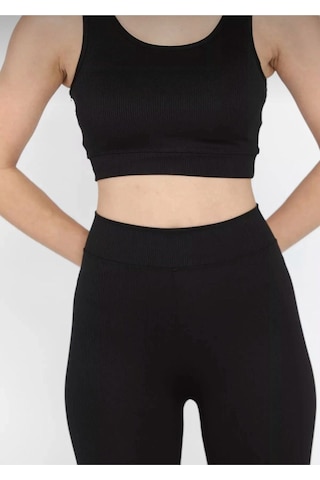 Butik Siyah Kadın Kalın Askılı Fitilli Crop Yüksek Bel Sporcu Tayt İkili Takım SiYAH