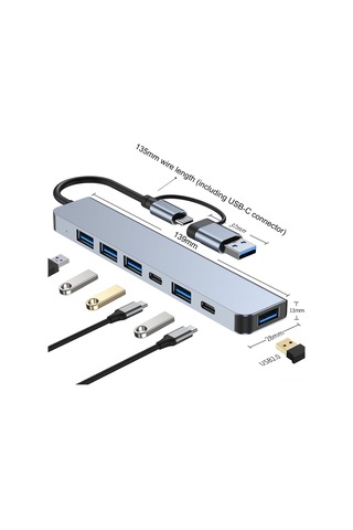 Mufunye Usb-c Ve Usb-a'dan 7 Porta Çevirici: Usb3.0, 4 Usb2.0, Pd Şarj Ve Veri Portu - Uzay Gri Hub