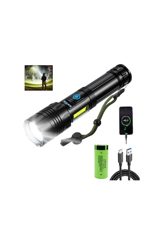 Aubyhe Xhp70.2 Led Güçlü El Feneri, Teleskopik Yakın-uzak Zoom, 4 Mod, Type-c Şarj, 26650 Pil Seti, Çadır & Acil Durumlar Siyah