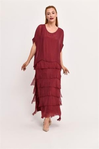 İtalyan 2 Beden Ince Gösteren Yarım Kol Kat Kat Ipek Elbise-8794 Bordo