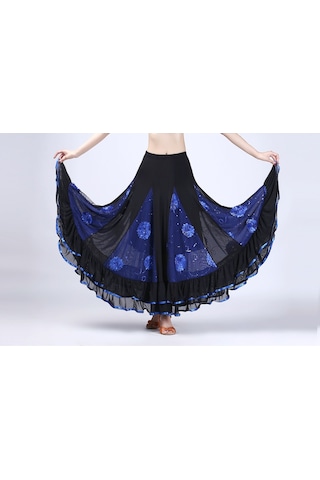 Sones Pullu Çiçek Salıncak Modern Dans Eteği Kraliyet Mavisi Siyah - Mavi