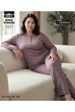 Lana Kadın Battal Pamuk Likralı Raporlu İnterlok Kışlık Pijama Takımı 245/11 - 1 Adet Mürdüm