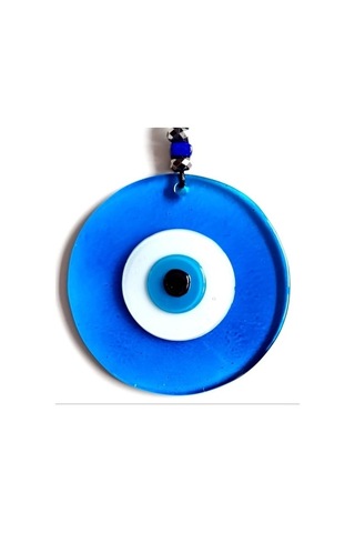 Nazar Boncuklu El Yapımı Deri İpli Açık Mavi Şeffaf Cam Duvar Süsü