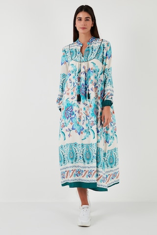 Lela Modest Desenli Regular Fit Bağlamalı V Yaka Maxi Bayan Elbise 611El510 Yeşil