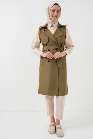 5911 Kruvaze Yaka Trençkot Yelek - Haki haki