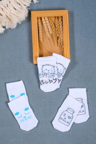 Cocole Socks Erkek Bebek Soket Çorabı 3 Lü Set Pamuklu Beyaz Sevimli Figür Desenli Çok Renkli