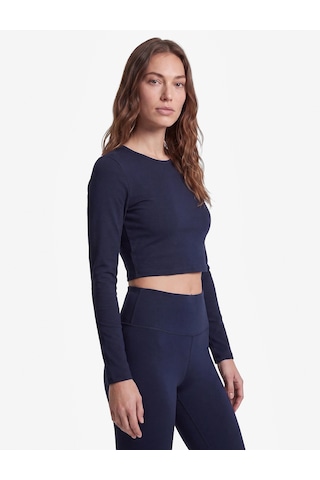 Koton Pamuklu Bisiklet Yaka Uzun Kollu Crop Spor Tişört Lacivert 7wak10097nk