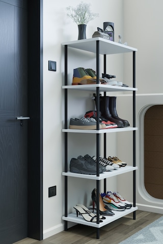5 Raflı Çevir-kur Ayakkabılık Metal Gövde Çok Amaçlı Raf Ünitesi Antre, Balkon, Banyo Uyumlu Dolap Beyaz