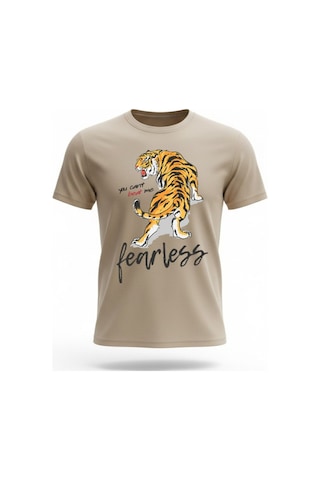 Urbantrendstore Unisex Siyah Kaplan Tiger Yazılı Oversize Fit Rahat Geniş Salaş T-shirt Günlük Tişört Bej
