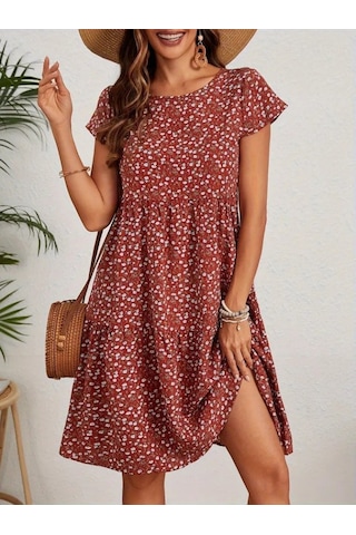 Kadın Kısa Kollu Bisiklet Yaka Çiçek Desenli Süprem Elbise Bordo