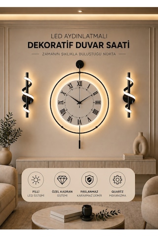Siyah - Royal Kadran Exclusive - 3 Pil Ile Gelir Led Kristal - Modern Metal Duvar Saati