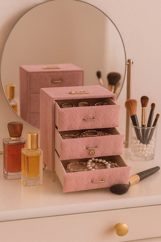 Dekoratif 3 Çekmeceli Kadife Takı Bijuteri Mücevher Kutusu Organizer Düzenleyici Pembe