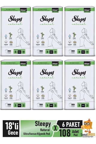 Sleepy Natural Ultra Hassas Hijyenik Ped 18'li Gece X 6 Paket