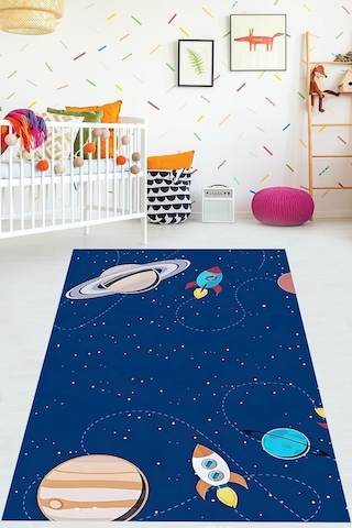Pelangi Gezegen Desenli Eğitici Yıkanabilir Kaymaz Taban Leke Tutmaz Çocuk Odası Halısı, Lacivert 60 X 120, 907642 Çok Renkli