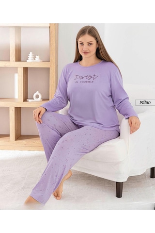 Pijamoni Kadın Milan Büyük Beden Bisiklet Yaka Uzun Kol İnce Pijama Takımı 7666/36 - 1 Adet Lila