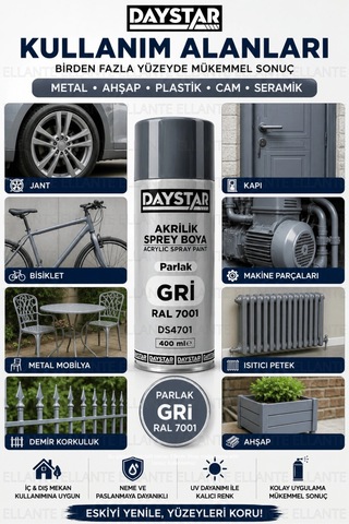 Parlak Gri Akrilik Sprey Boya Ral 7001 400 Ml Hızlı Kuruyan Yüksek Kapatıcılı Metal Ahşap Plastik Bo Çok Renkli