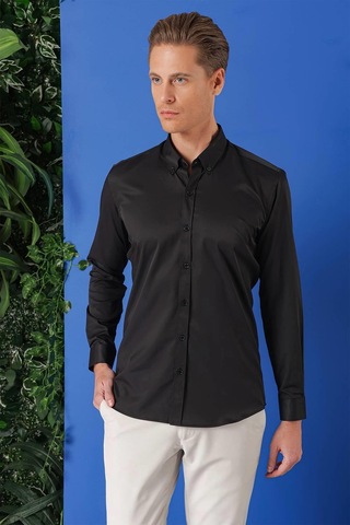 Efor Slim Fit Düğmeli Yaka Pamuklu Klasik Siyah Gömlek Gk 714 Siyah