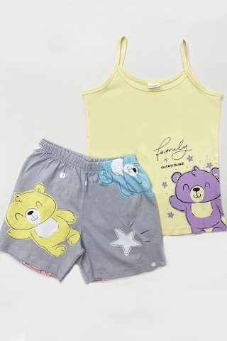 Kız Çocuk Şortlu Pijama Takımı Askılı Ayıcık Baskılı A13 Pembe