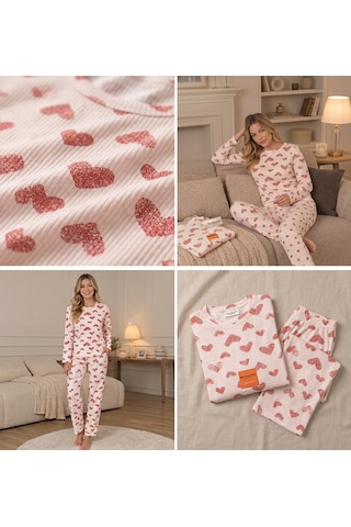 Lila İç Giyim Lila Kadın Pamuklu Kalp Desenli Uzun Kollu Pijama Takımı - Rahat Kalıp Kalp Desenli Kalpli Ekru