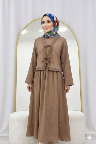 Lovie Moda Müslin Dokulu Bağlamalı Etekli Takım Kahverengi