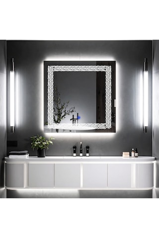Dorein Beyaz Led'li Lazer Kumlamalı Lavabo & Banyo Aynası Dokunmatik Sensörlü 60 X 60