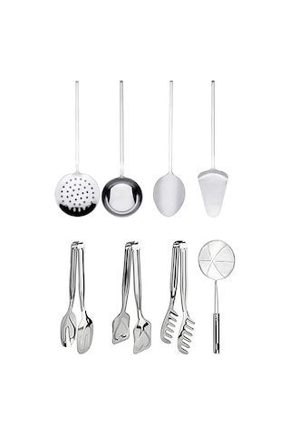 8 Parça Paslanmaz Çelik Mutfak Seti Kevgir, Kepçe, Spatula, Maşa, Makarna Kaşığı Servis Seti Gri