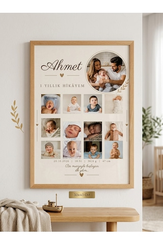 Kişiye Özel Bebek Anı Tablosu - 12 Ay Fotoğraflı Doğum Panosu Ahşap Çerçeveli Poster Kişiye Özel Bebek İlk Yılım 12 Aylık Gelişim Ve Doğum Bilgileri Anı Tablosu Bebek 1 Yıllık Hikayem Fotoğraflı Anı Panosu -
