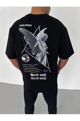 Modi Unisex Bisiklet Yaka Baskılı Oversize T-shirt - Siyah - Mymg106742