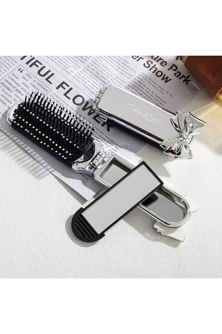Aynalı Mini Katlanabilir Saç Fırçası - Salon Tarzı Bakımdaki Tüm Saç Türleri İçin Taşınabilir Seyahat Saç Tarağı