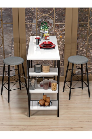 Retodesign Beyaz Raflı Yuvarlak Tabureli Bar Takımı 4651a Siyah