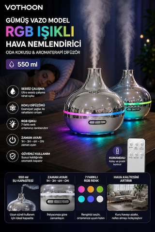 Mep Gümüş Vazo Model Rgb Işıklı Hava Nemlendirici & Aromaterapi Difüzör 550 Ml Kumandalı Najmaddin