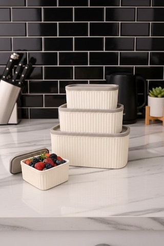 Seiri 4 Lü Erzak Saklama Kabı Seti-krem Gövde Gri Kapak-3000ml-1800ml-1000ml-550ml Krem - Toprak