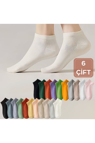Çorabı Renkli 6 Çift Likralı Pamuklu Penye Kadın Patik Çorap Asorti