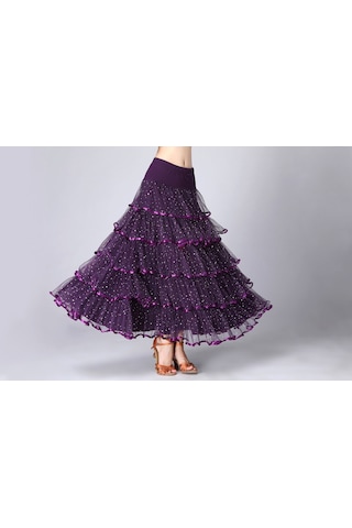 Sones Pullu Salıncak Modern Dans Uzun Etek Yarışma Kostümü Mor