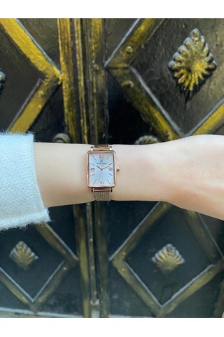 Daniel Klein Dke.1.10741-5 Dikdörtgen Kasa Hasır Kordon Minimal Tasarım Kadın Kol Saati Rose Gold