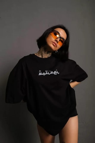 Hazego Bisiklet Yakalı Sırt Baskılı Oversize T-shirt - Siyah