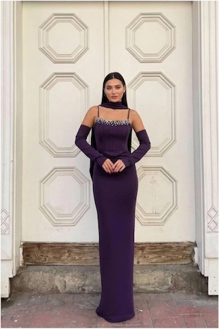 Euro Class Kadın Bohem Scuba Esnek Kumaş Straplez Balık Kesim Abiye Elbise Mor
