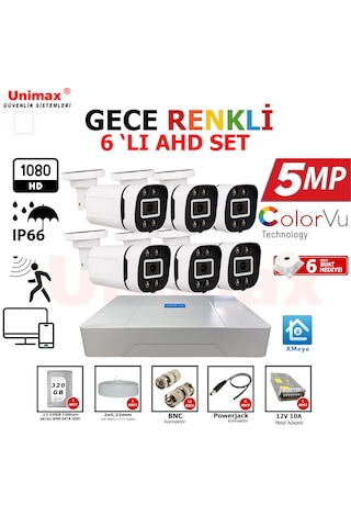 Unımax 5mp Sony Lens 6 Kameralı Güvenlik Seti 100m Kablo 30m Gece Görüş Xmeye