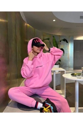 Reka Moda Nakış İşlemeli Üç İplik Sweat Takım- Pembe Pembe