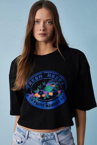 Ethıquet Ahrı Kadın Relaxed Fit Bisiklet Yaka Baskılı Siyah T-shirt