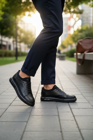Enoch Hakiki Deri Lazer Kesim Lastikli Günlük Erkek Sneaker Comfort Taban Siyah